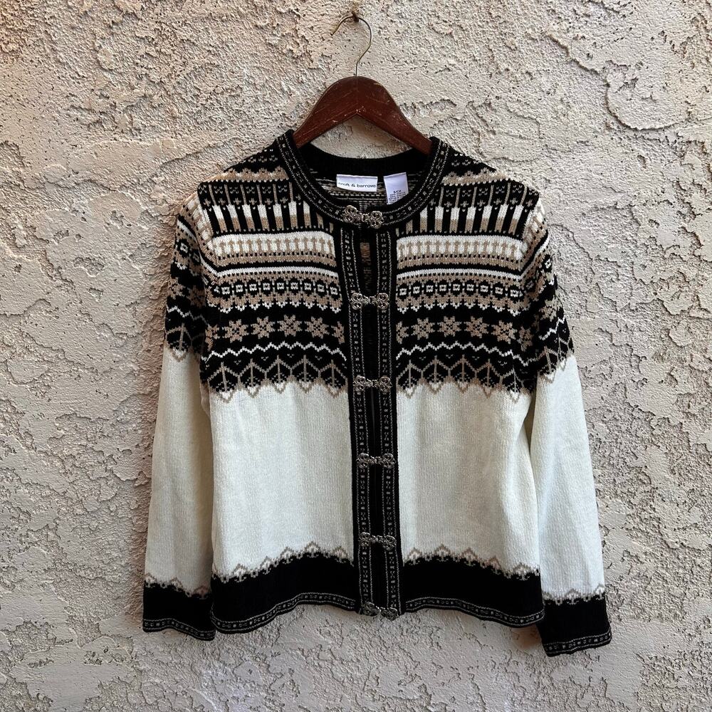 Croft & Barrow Fair Isle Nordic Sweater Cardigan Metal Clasps Black Cream S